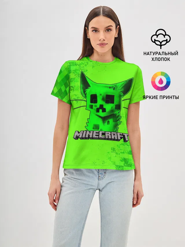 Женская базовая футболка с принтом «Майнкрафт — MINECRAFT CREEPER CAT»