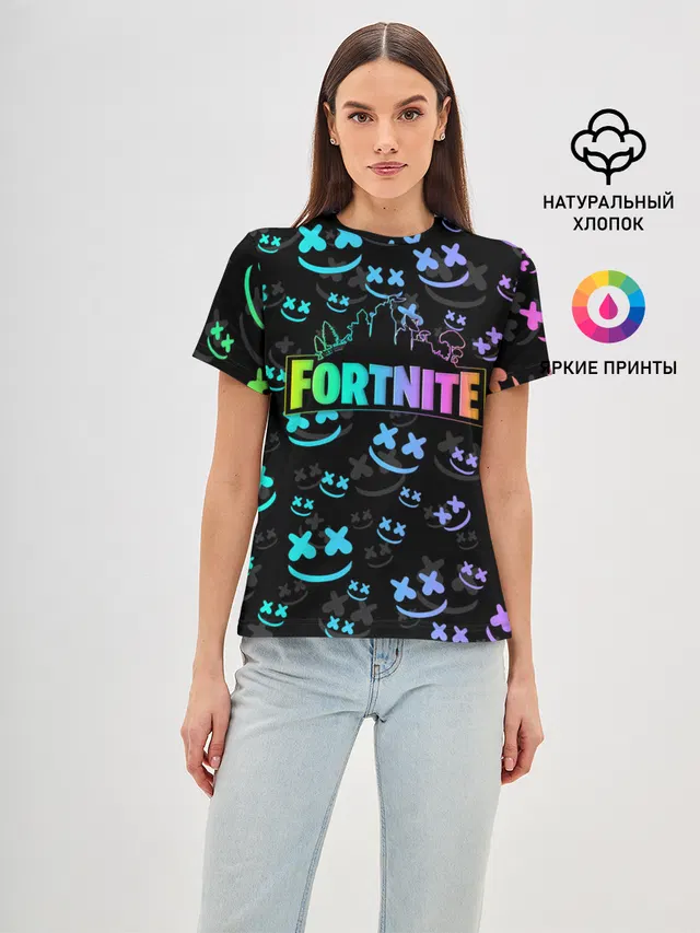 Женская базовая футболка с принтом «Королевская битва — FORTNITE — MARSHMELLO»