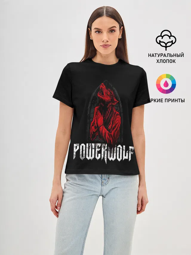 Женская базовая футболка с принтом «Разный рок — POWERWOLF»