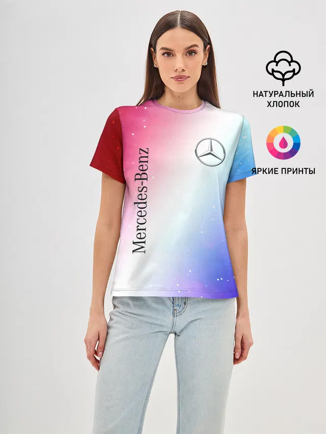Женская базовая футболка с принтом «Star emblem — MERCEDES — МЕРСЕДЕС»