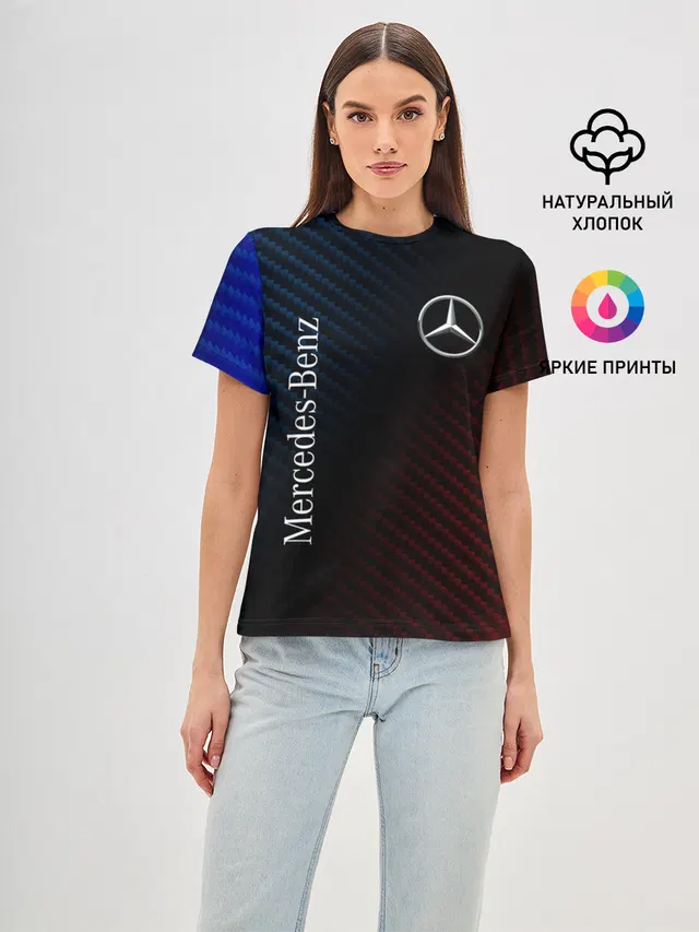 Женская базовая футболка с принтом «Color gradient — MERCEDES — МЕРСЕДЕС»