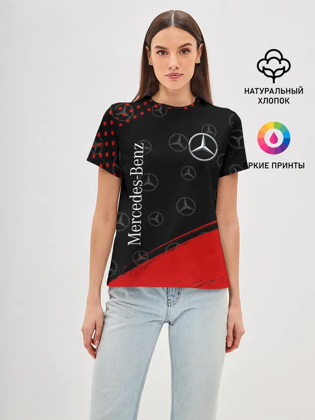 Женская базовая футболка с принтом «Logo — MERCEDES — МЕРСЕДЕС»