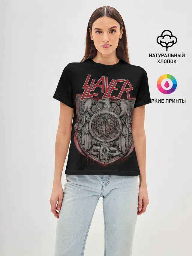 Женская базовая футболка с принтом «Slayer — СЛЭЙЕР»