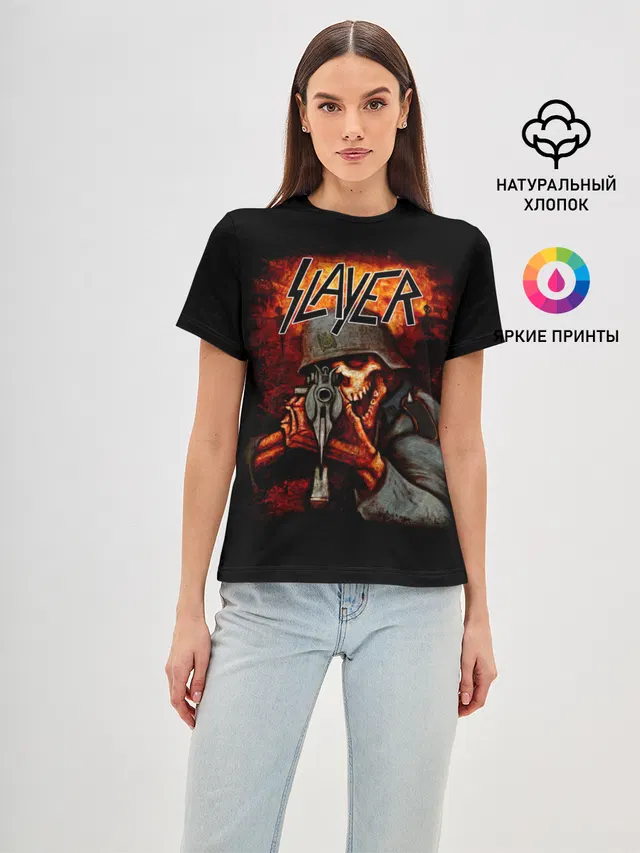 Женская базовая футболка с принтом «Slayer — СЛЭЙЕР»