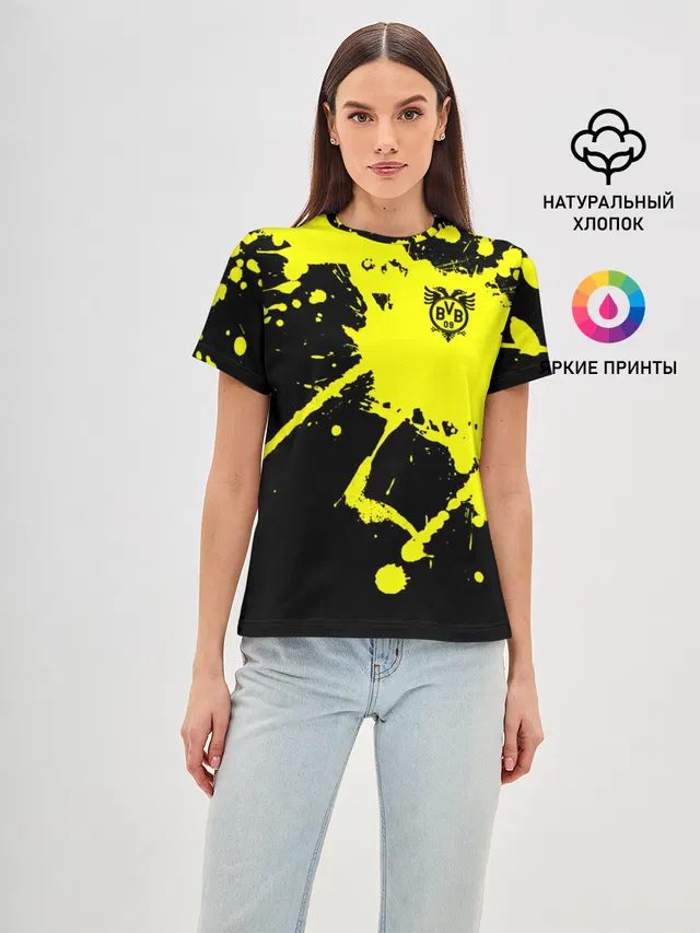 Женская базовая футболка с принтом «Paint splatter — FC Borussia»
