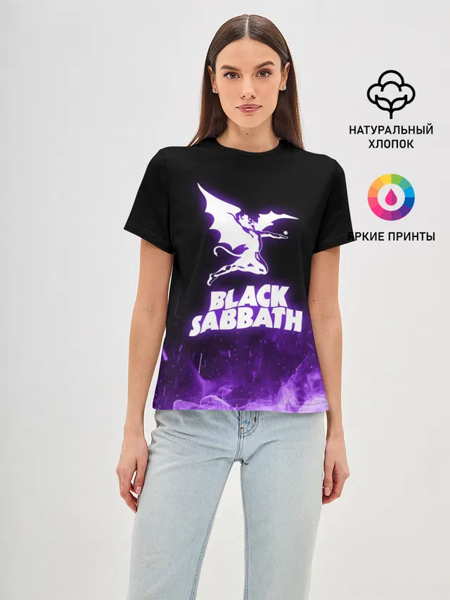 Женская базовая футболка с принтом «Black Sabbath — Black Sabbath NEON»