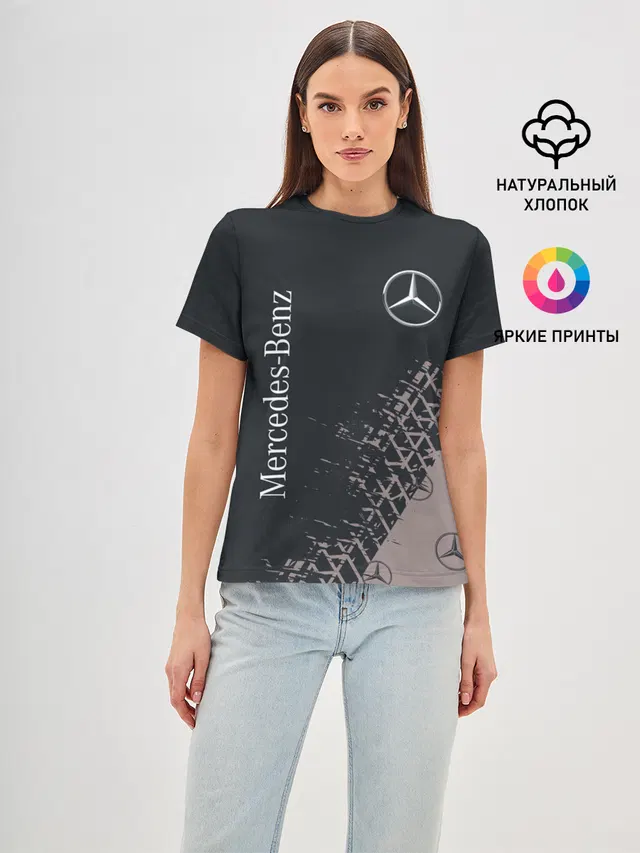 Женская базовая футболка с принтом «Merсedes — MERCEDES — МЕРСЕДЕС»