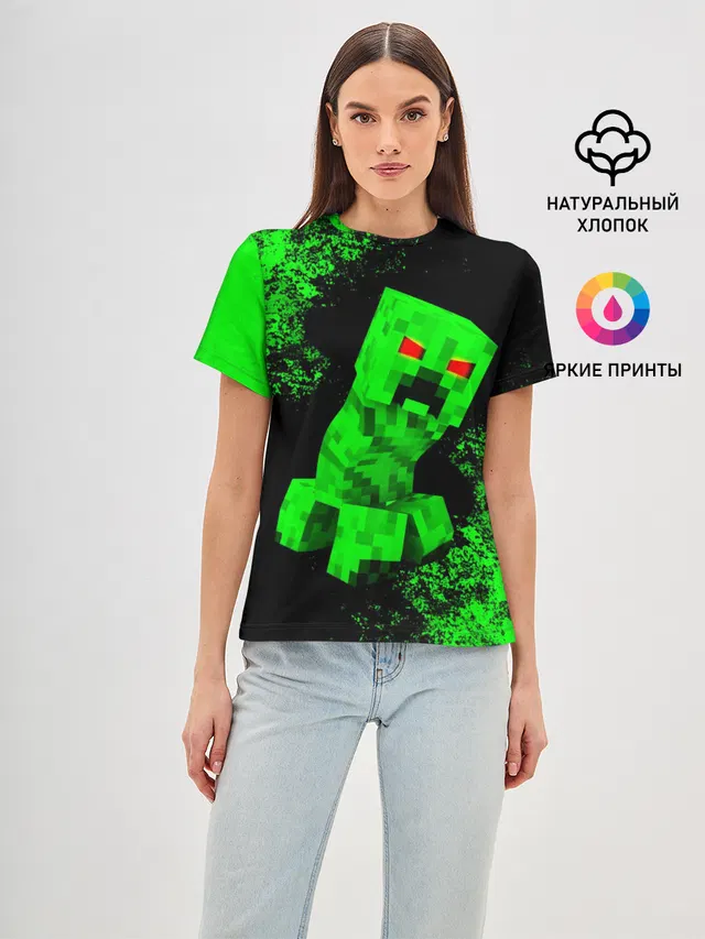Женская базовая футболка с принтом «Майнкрафт — MINECRAFT CREEPER»