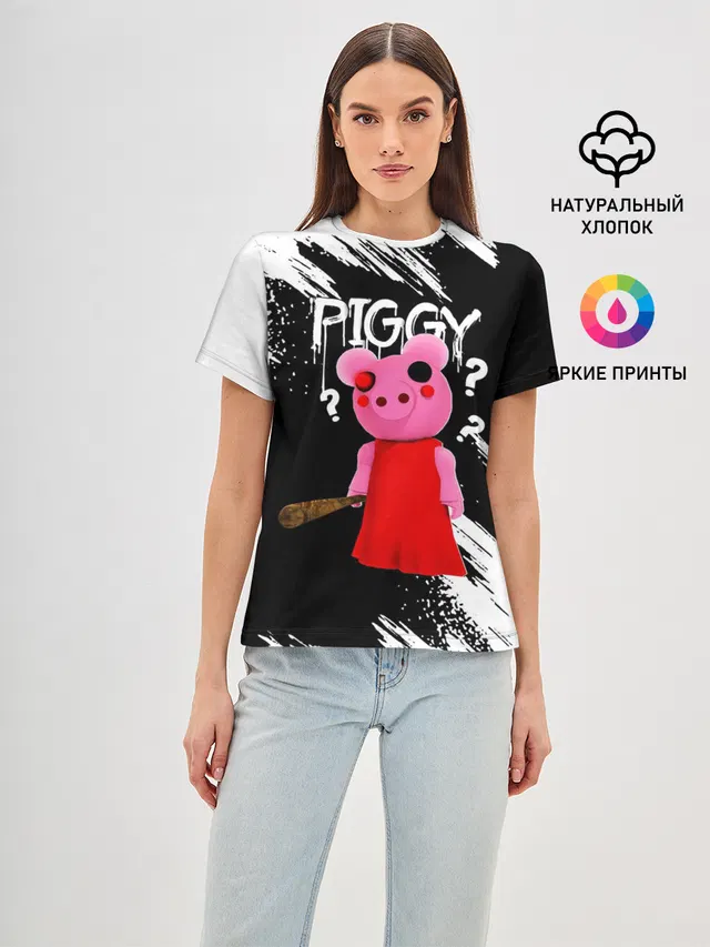 Женская базовая футболка с принтом «Роблокс — ROBLOX PIGGY - СВИНКА ПИГГИ»