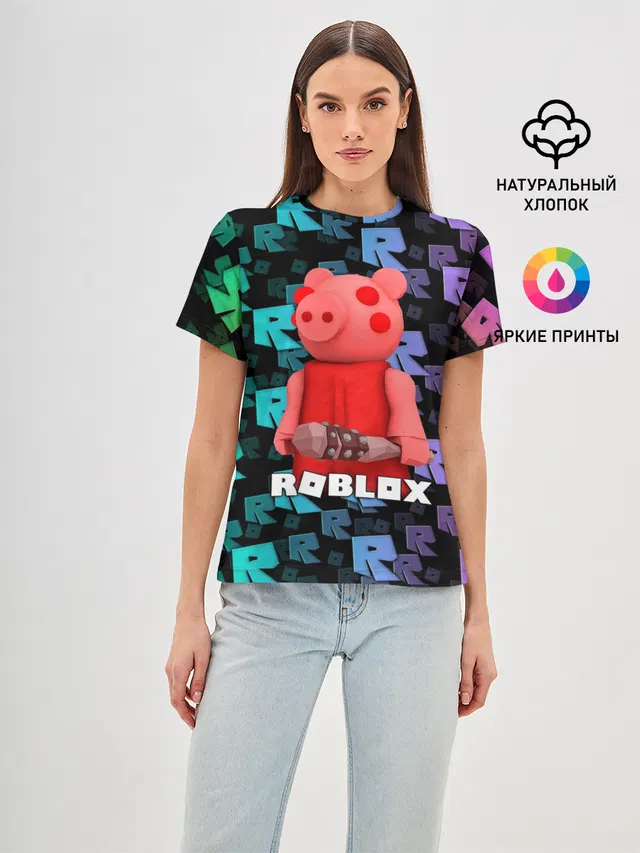 Женская базовая футболка с принтом «Роблокс — ROBLOX PIGGY - СВИНКА ПИГГИ»