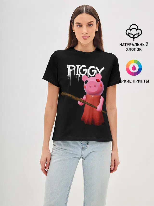 Женская базовая футболка с принтом «Роблокс — ROBLOX PIGGY - СВИНКА ПИГГИ»