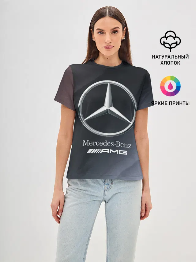 Женская базовая футболка с принтом «Merсedes — MERCEDES — МЕРСЕДЕС»