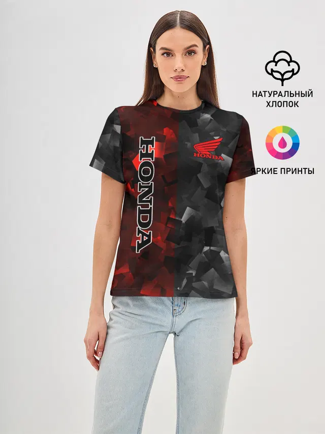 Женская базовая футболка с принтом «HONDA RedBlack — RedBlack»