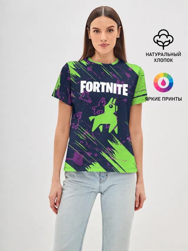 Женская базовая футболка с принтом «Фортнайт — FORTNITE LAMA.»