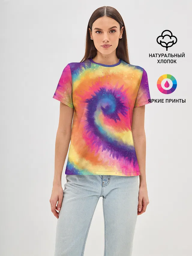 Женская базовая футболка с принтом «Tie-Dye Multicolor»