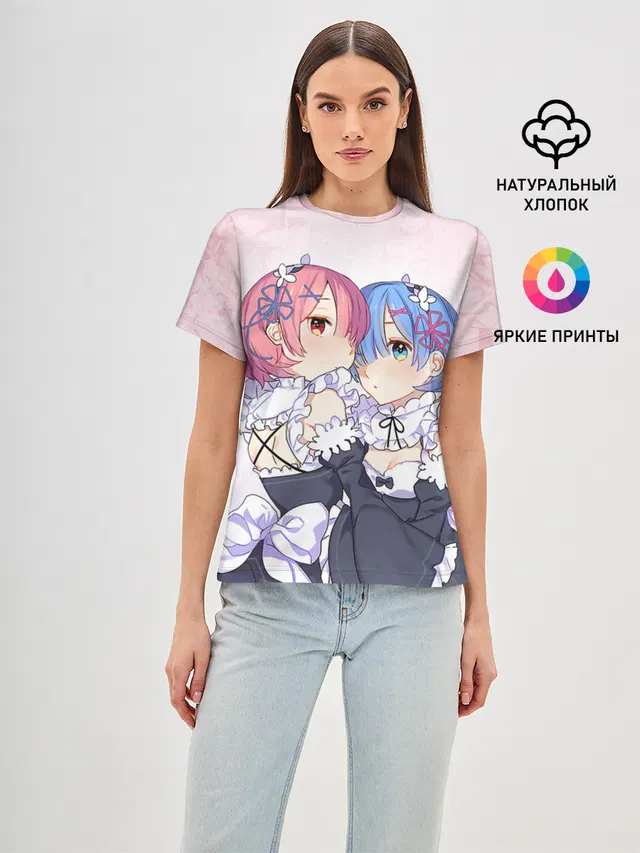 Женская базовая футболка с принтом «Re:Zero. Жизнь с нуля в альтернативном мире — Re:Zero, Рам и Рем»