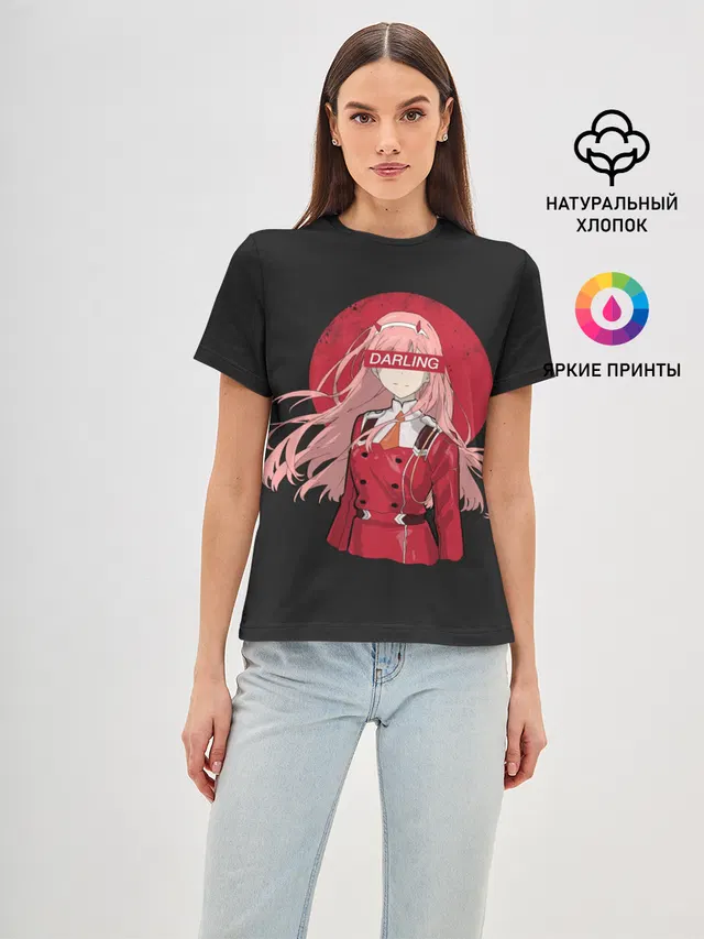 Женская базовая футболка с принтом «Darling Zero Two — Darling Zero Two Black»