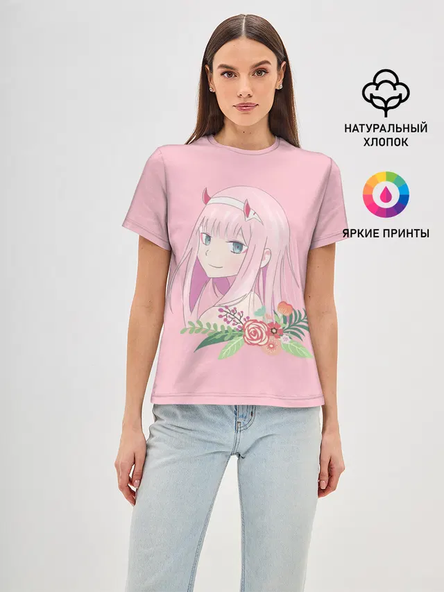 Женская базовая футболка с принтом «Pink Zero Two»