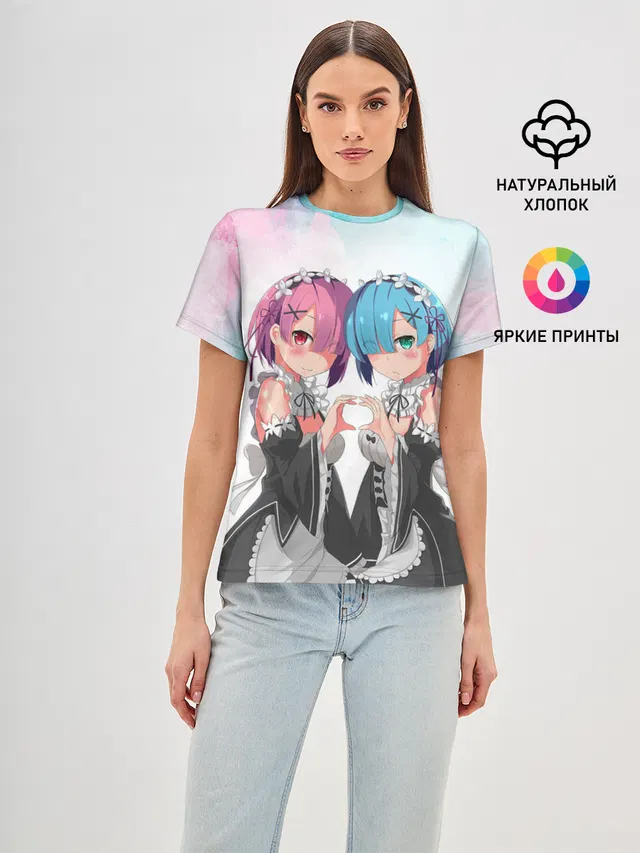 Женская базовая футболка с принтом «Re:Zero. Жизнь с нуля в альтернативном мире — Re:Zero, Рам и Рем»