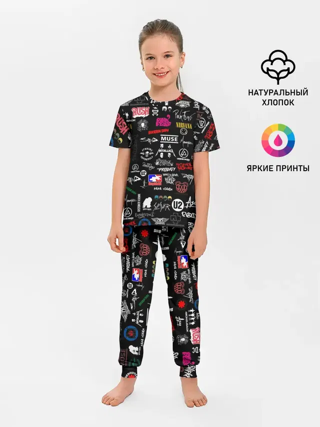 Детская пижама с брюками с принтом «Разный рок — ЛОГОТИПЫ РОК ГРУПП — PATTERN»