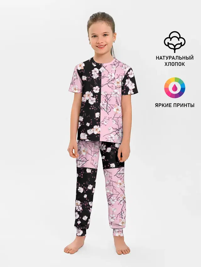 Детская пижама с брюками с принтом «Цветы — САКУРА — SAKURA — ВИШНЯ»