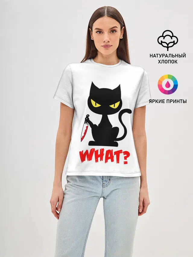 Женская базовая футболка с принтом «Коты и кошки — What Cat»