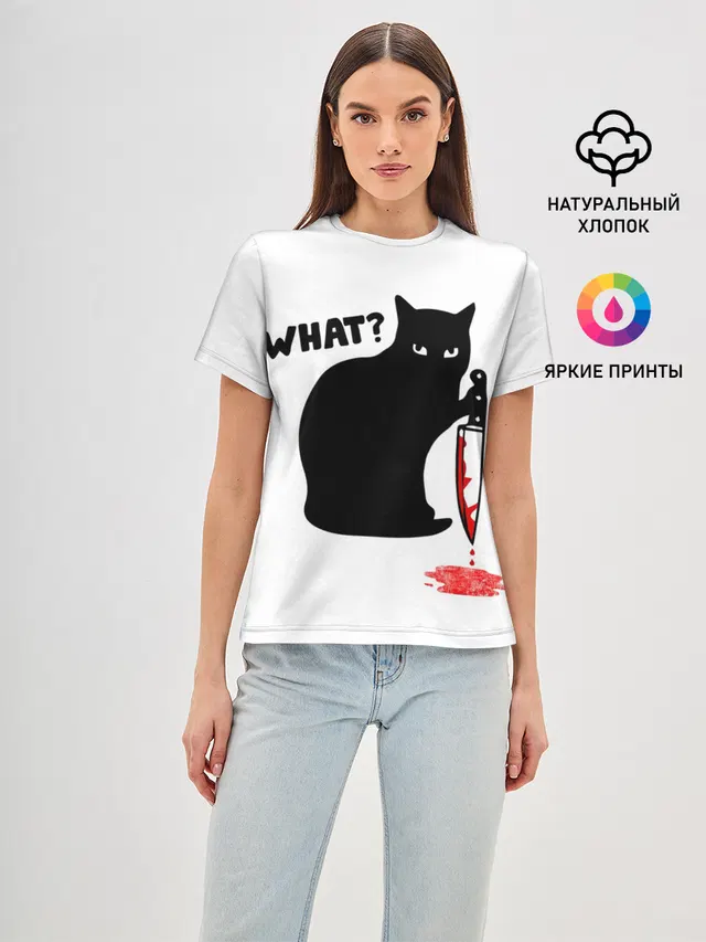Женская базовая футболка с принтом «Коты и кошки — What Cat»