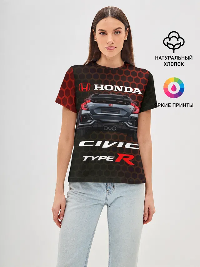 Женская базовая футболка с принтом «Honda — Honda Civic Type R.»