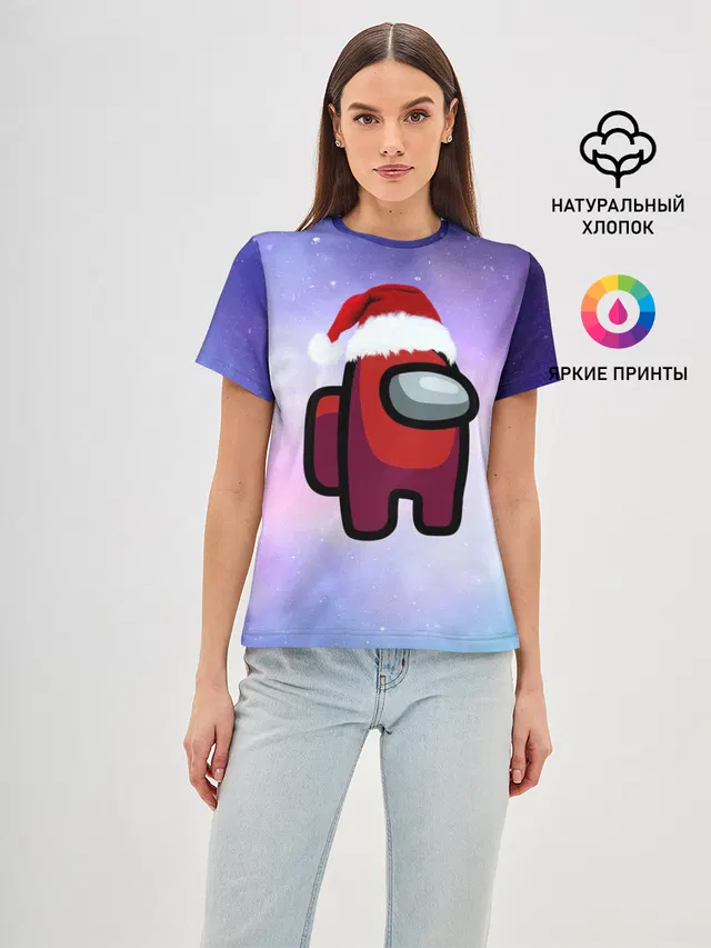 Женская базовая футболка с принтом «Santa hat — Новогодний Among us»