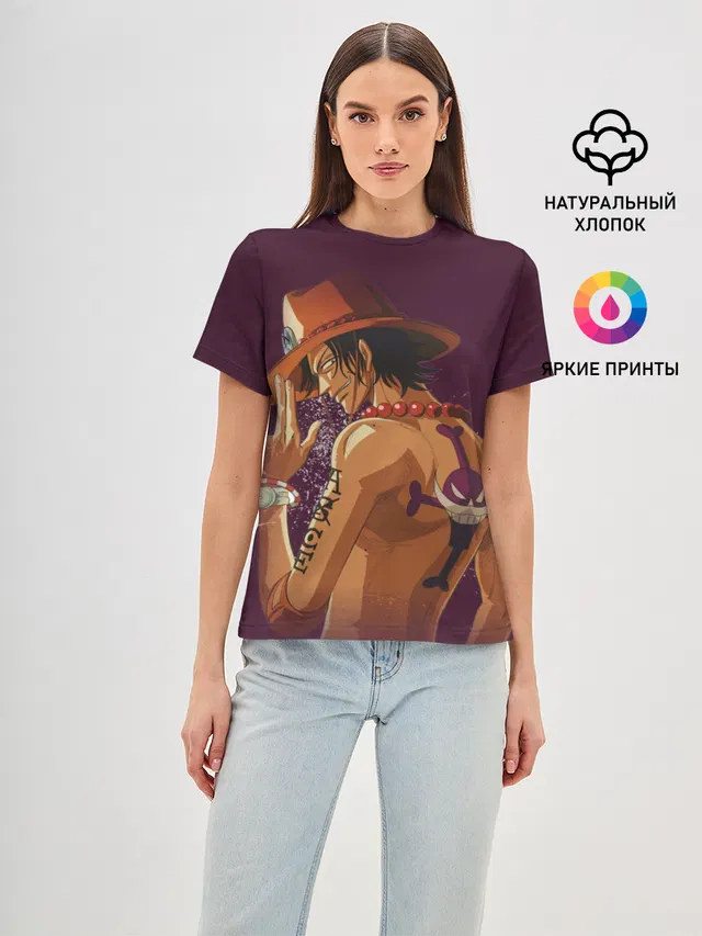 Женская базовая футболка с принтом «Ван Пис — One Piece. Портгас Д. Эйс»