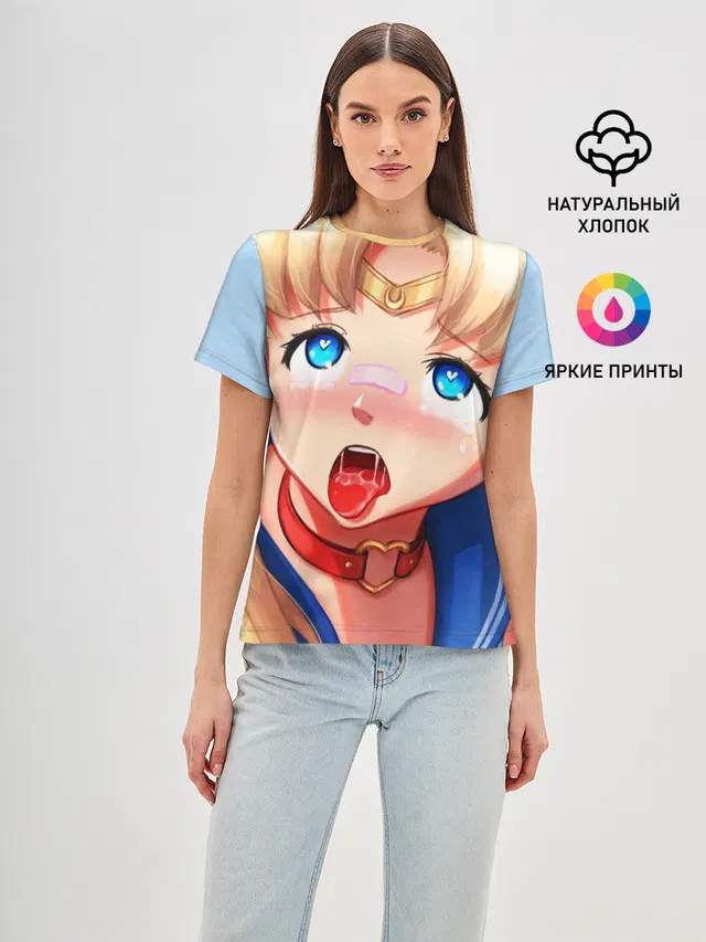 Женская базовая футболка с принтом «Sailor Moon Ahegao»