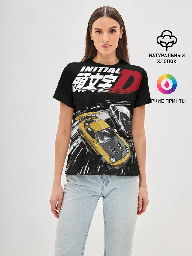 Женская базовая футболка с принтом «Initial D две машины»