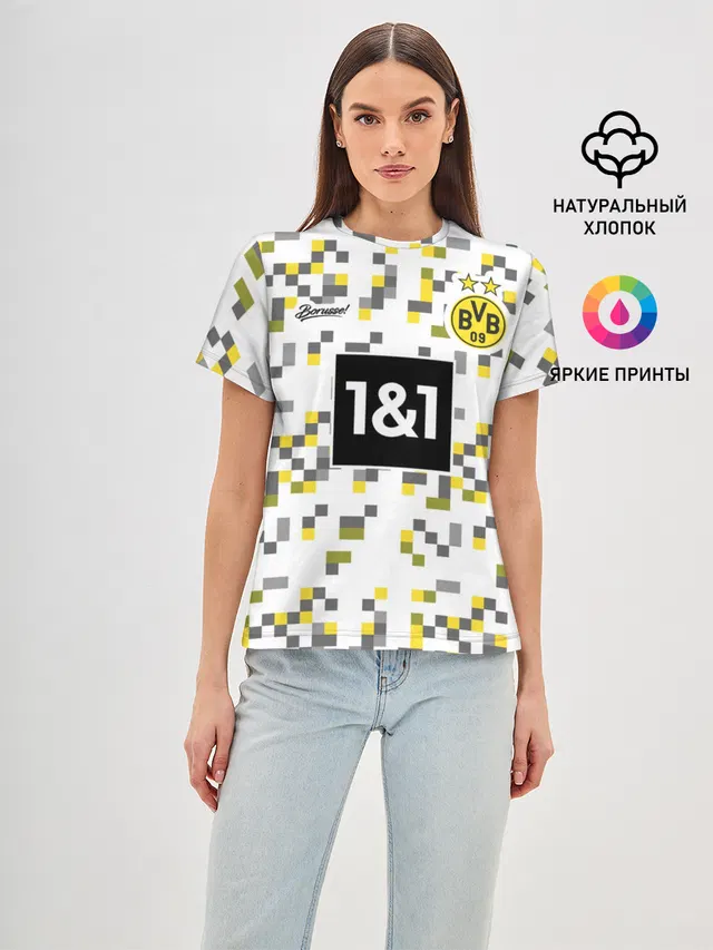 Женская базовая футболка с принтом «Pixelated camouflage — BORUSSIA резервная сезон 20/21»