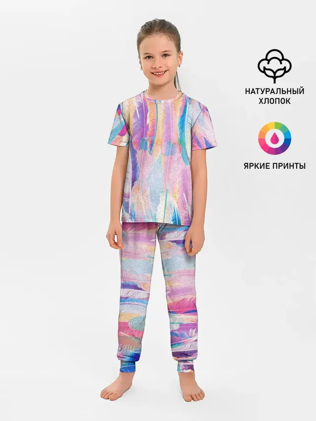 Детская пижама с брюками с принтом «Tie-Dye — ПЕРЬЯ»