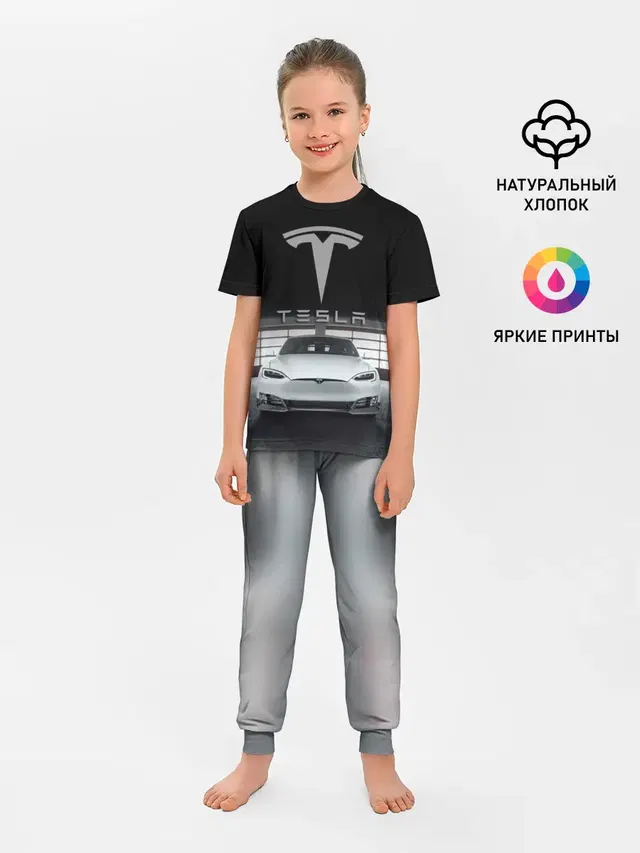 Детская пижама с брюками с принтом «Разные автомобильные — TESLA»