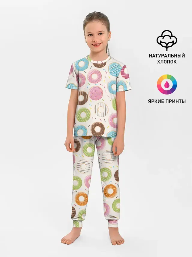 Детская пижама с брюками с принтом «Еда — Пончики — Donuts»