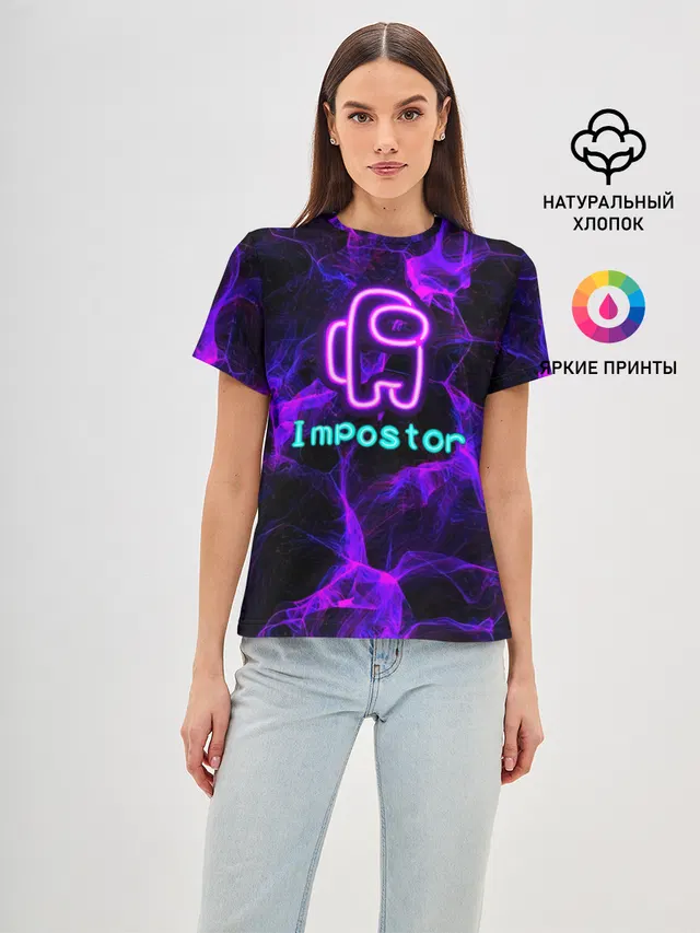 Женская базовая футболка с принтом «Амонг Ас — Impostor NEON»