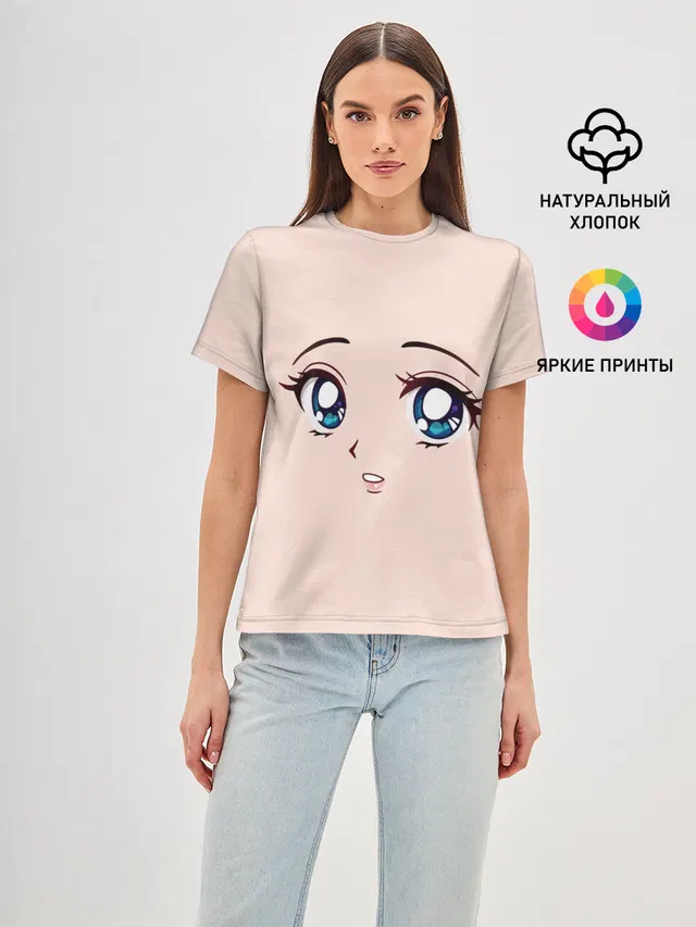 Женская базовая футболка с принтом «Surprised anime face»