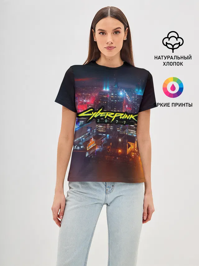 Женская базовая футболка с принтом «Cyberpunk 2077 — Найт сити»