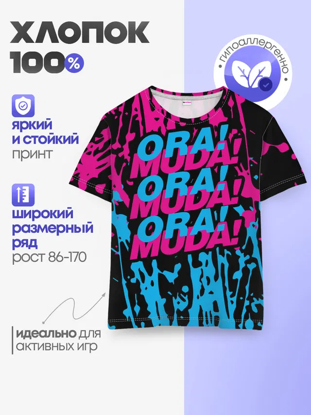 Детская базовая футболка с принтом «ДжоДжо — ORA ORA ORA — MUDA MUDA MUDA»