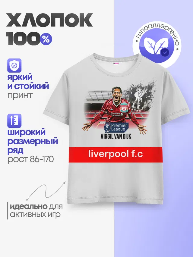 Детская базовая футболка с принтом «Вирджил ван Дейк YNWA»