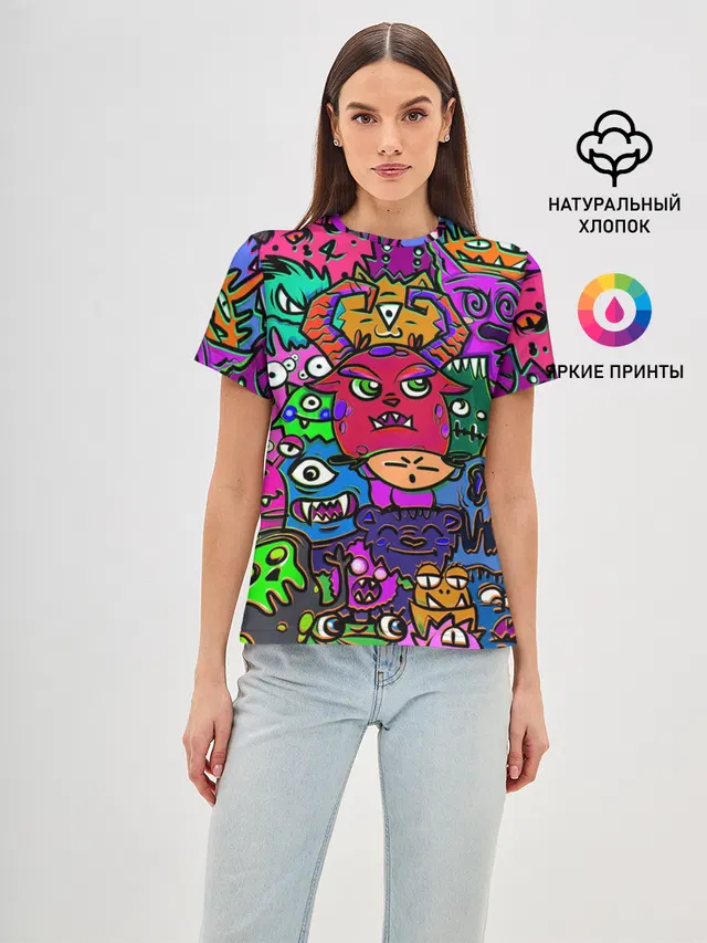 Женская базовая футболка с принтом «Pop Art — Happy»