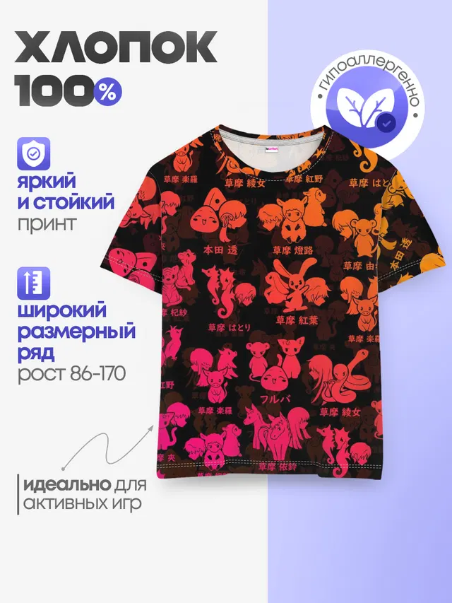 Детская базовая футболка с принтом «Корзинка фруктов — FRUITS BASKET — ВСЕ ЗНАКИ»