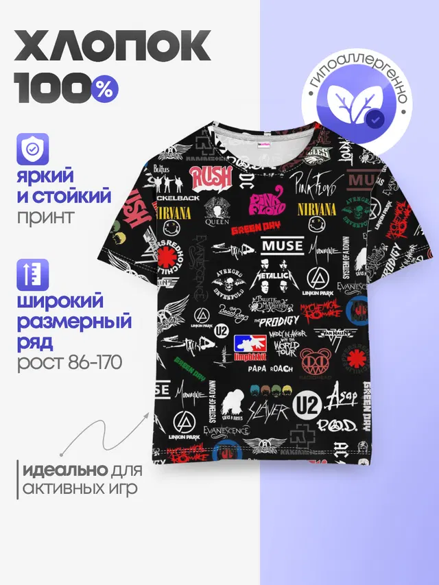 Детская базовая футболка с принтом «Разный рок — ЛОГОТИПЫ РОК ГРУПП — PATTERN»