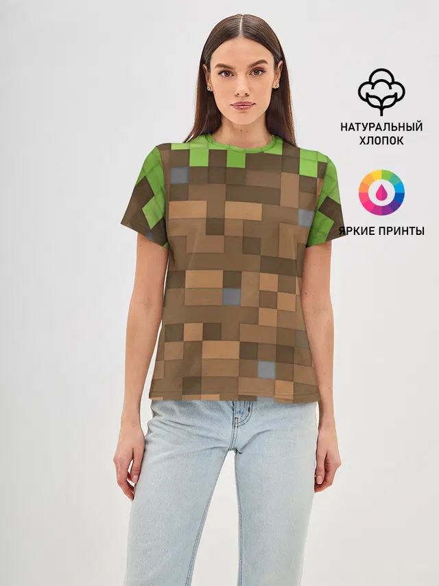 Женская базовая футболка с принтом «Майнкрафт — Minecraft камуфляж»