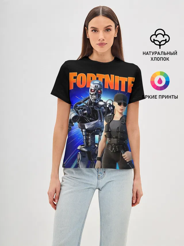 Женская базовая футболка с принтом «Фортнайт — Fortnite терминатор»