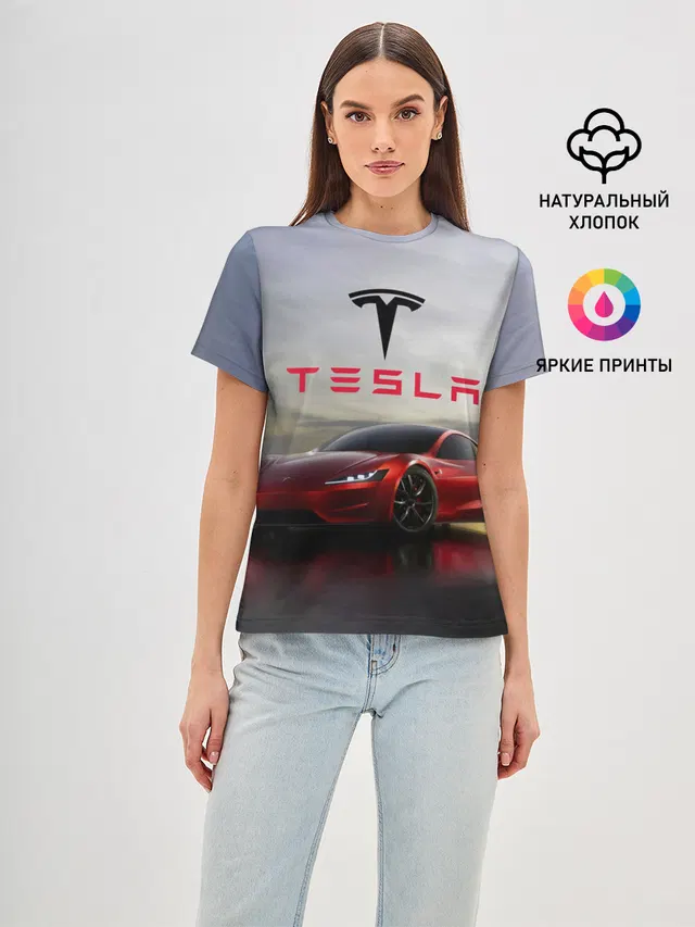 Женская базовая футболка с принтом «Tesla — Tesla Roadster»