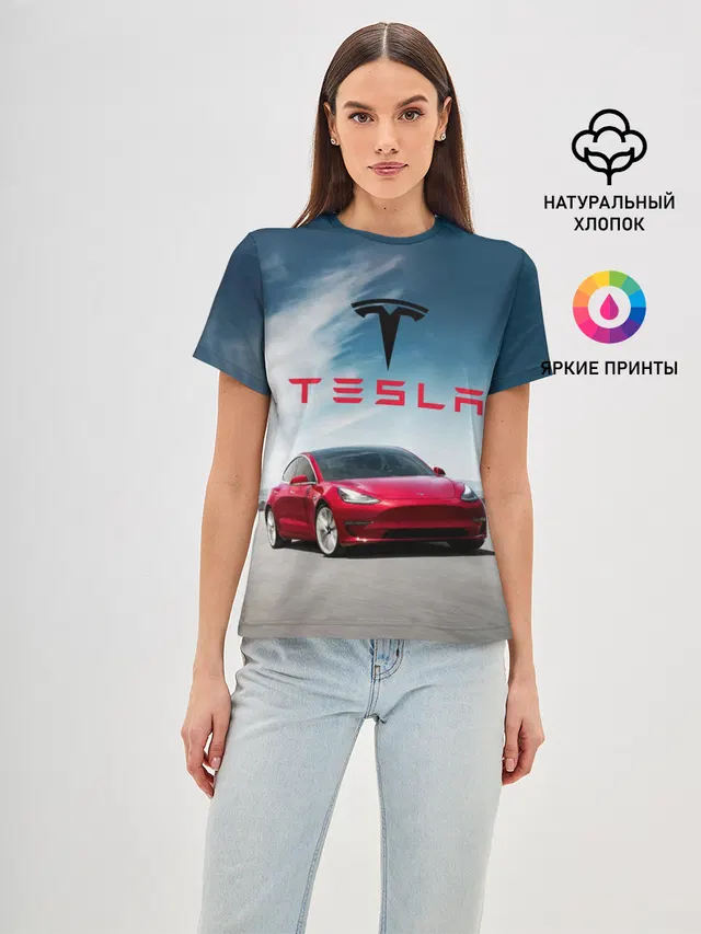 Женская базовая футболка с принтом «Tesla — Tesla Model 3»
