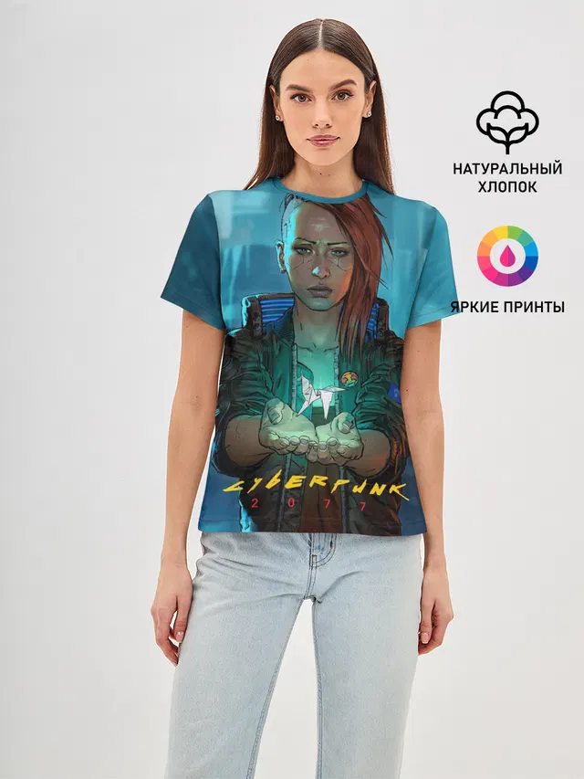 Женская базовая футболка с принтом «Cyberpunk 2077 — cuberpunk 2077 melisa»