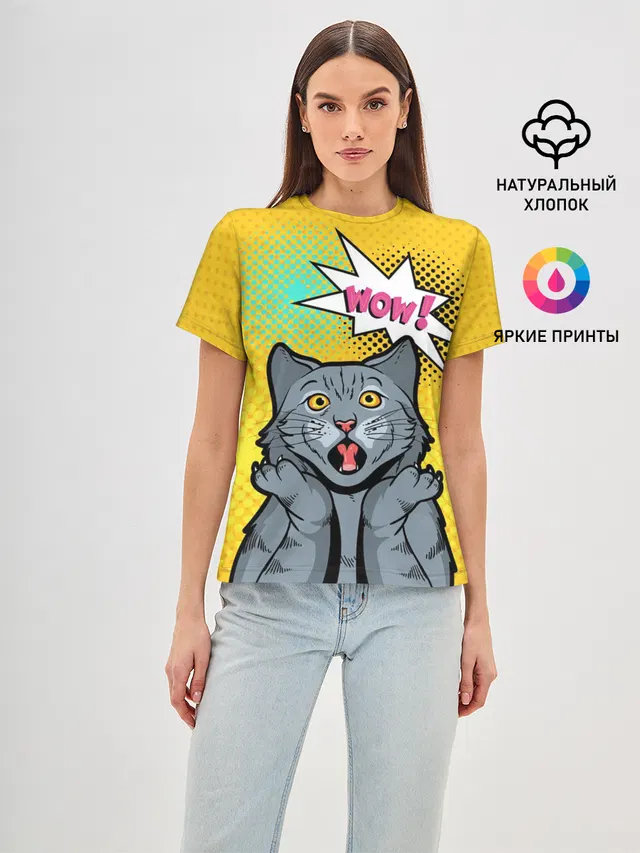 Женская базовая футболка с принтом «Pop Art — Pop Art Cat — Wow»